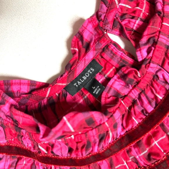 Talbots Velvet Trim Ruffle Popover Blouse in Moonlight Plaid Red and Pink Size L - Picture 6 of 8